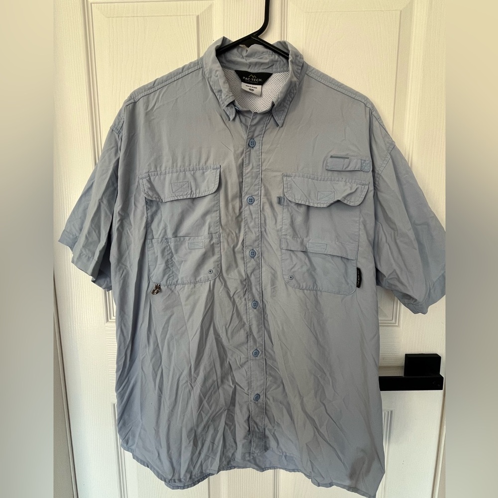 Pac-Tech Shirt Men’s Blue medium short sleeves Fishing Pockets Collared